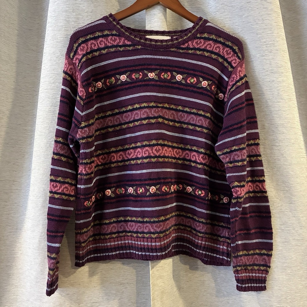 VTG DONNKENNY Pullover Striped Floral‎ Sweater Womens Large